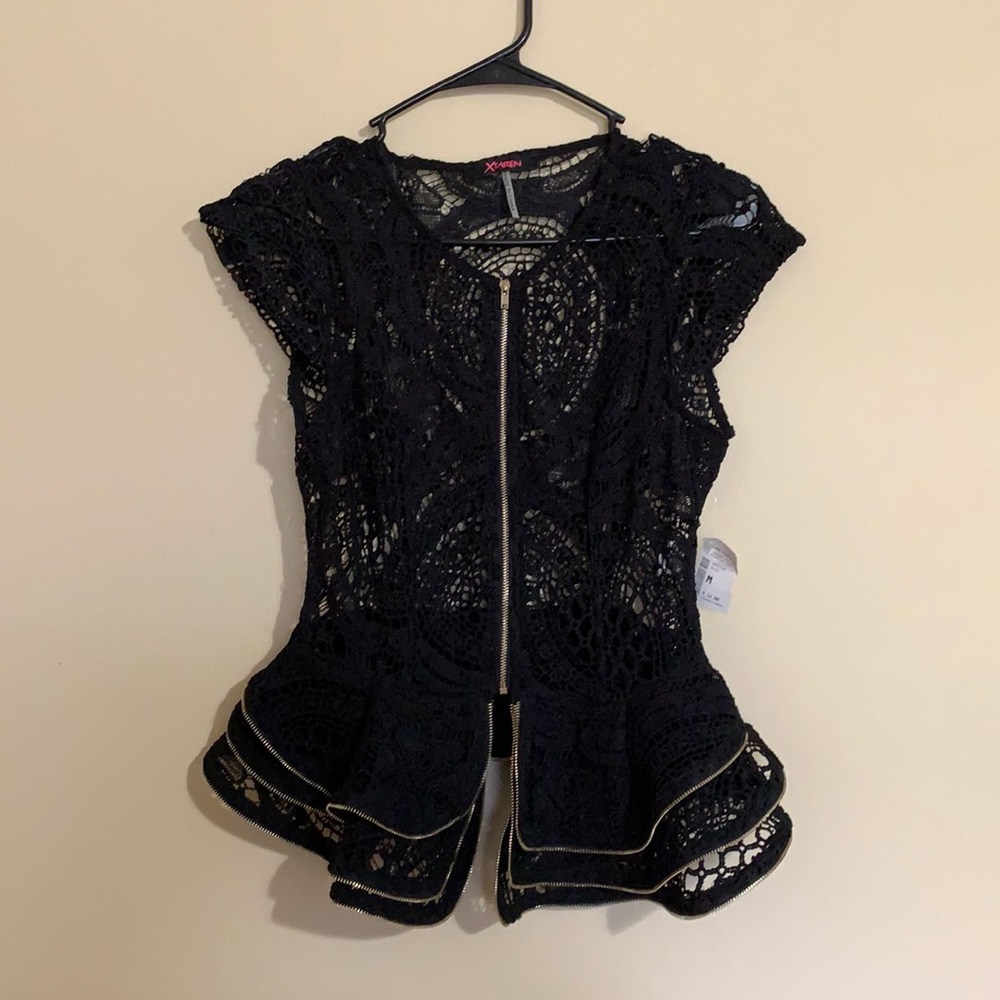 Black lace with gold zippers
